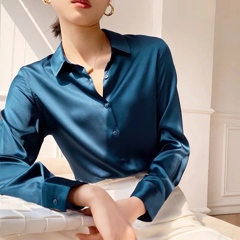 Spring Autumn Elegant Satin Women's Blouse 2026 New Long Sleeve Turn-down Collar Korean Casual Loose Office Lady Shirts Female