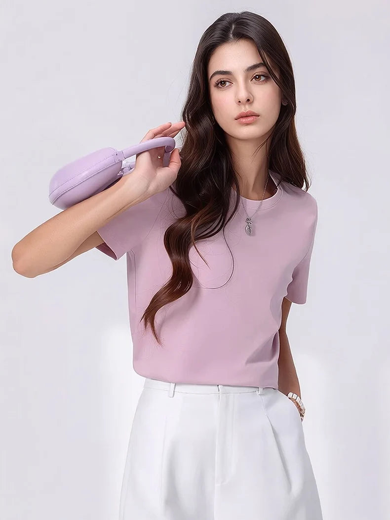 SuyaDream Women Solid T shirts, Silk Cotton Blend, O Neck, Short Sleeved Solid Tee,2026 Summer Candy Colors Basic Cozy Top Green