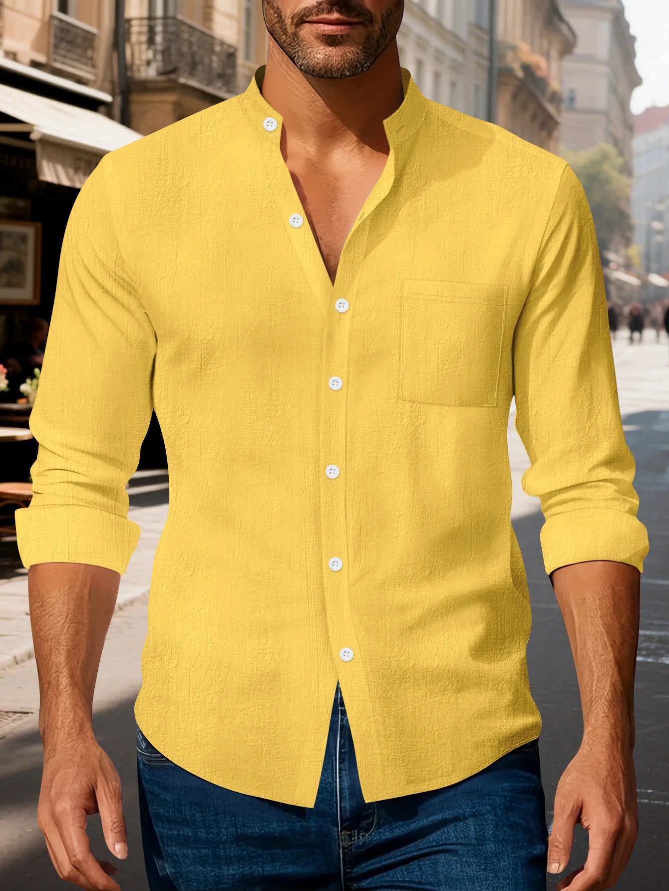 Autumn men's clothing 2025 new item men's solid color cotton and linen shirt stand up collar cardigan long sleeved casual busine