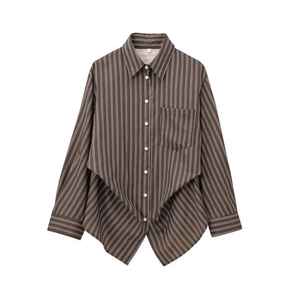 Autumn Blouses Woman Trendy Solid Stripe Turn-Down Collar Long Sleeve Buttons Single Breasted Female Street Shirts