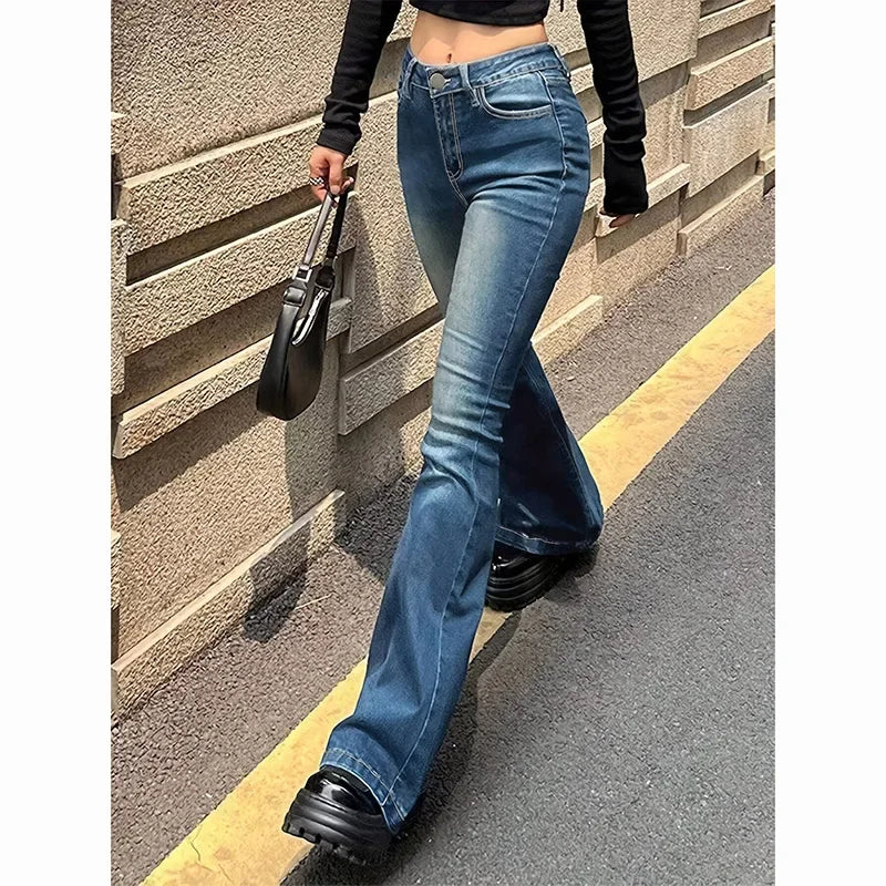 Girls Concise Ins High Waist Flared Jeans Female Stretchy Bootcut Denim Pants Women Solid Color Thin Bell Bottoms Trousers