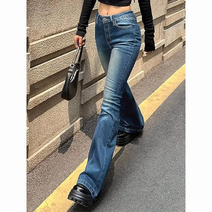 Girls Concise Ins High Waist Flared Jeans Female Stretchy Bootcut Denim Pants Women Solid Color Thin Bell Bottoms Trousers