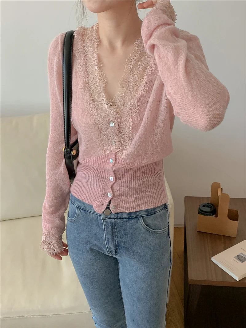 Seoulish Vintage Lace Knitted Cardigans for Women 2026 New Autumn Winter Solid Casual Slim Korean Style Ladies Tops Female