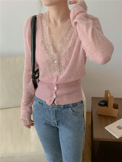 Seoulish Vintage Lace Knitted Cardigans for Women 2026 New Autumn Winter Solid Casual Slim Korean Style Ladies Tops Female