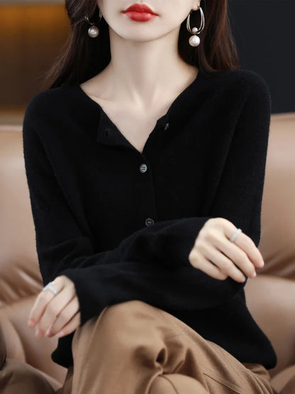 2026 New Chic Women's Basic O-neck Cardigan 100% Merino Wool Sweater Soft Grace Knitwear CoatSpring Autumn Female Clothes Tops