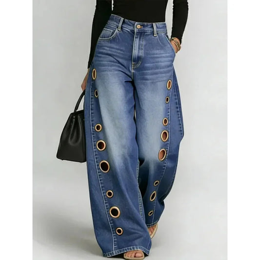 Missuoo Women's 2026 New Washed Blue High-Waist Metal Grommet Wide Leg Jeans, Casual Loose Fit Streetwear Pants for Daily Wear