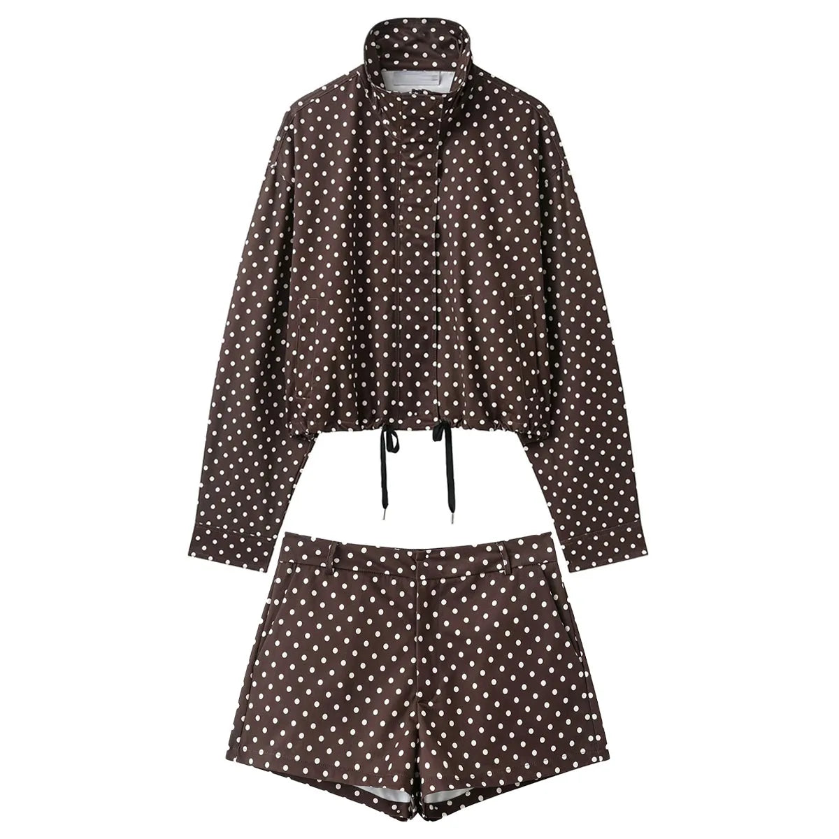 Woman Autumn Long Sleeves Turtleneck Zipper With Pockets Drawstring Casual Coats Women Fashion Polka Dot Printed Jacket