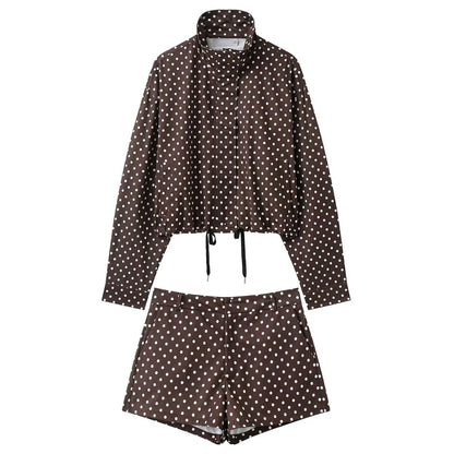 Woman Autumn Long Sleeves Turtleneck Zipper With Pockets Drawstring Casual Coats Women Fashion Polka Dot Printed Jacket
