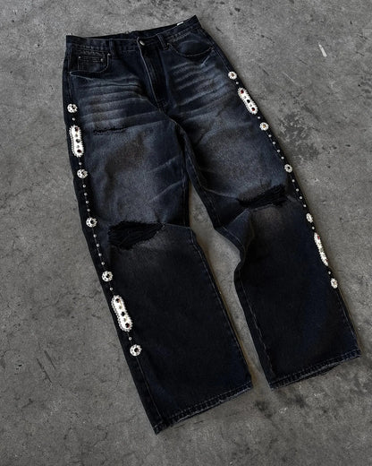 Gothic Womens Diamond Embroidery Jeans Vintage Low Rise Flared Jeans Women Retro Y2k Baggy Denim Pants High Streetwear Trousers