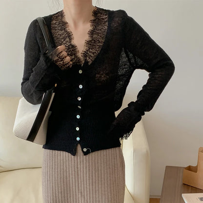 Seoulish Vintage Lace Knitted Cardigans for Women 2026 New Autumn Winter Solid Casual Slim Korean Style Ladies Tops Female