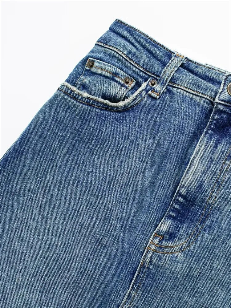 TRAF Falda vaquera azul para mujer, faldas largas de tela vaquera para mujer, moda 2023, Falda de tubo con corte en la cintura deshilachada, Falda Midi deshilachada con hendidura