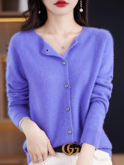 2026 New Chic Women's Basic O-neck Cardigan 100% Merino Wool Sweater Soft Grace Knitwear CoatSpring Autumn Female Clothes Tops