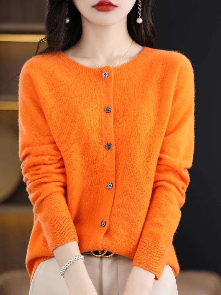 2026 New Chic Women's Basic O-neck Cardigan 100% Merino Wool Sweater Soft Grace Knitwear CoatSpring Autumn Female Clothes Tops