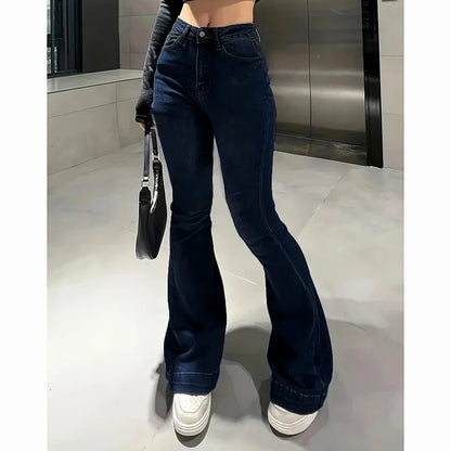 Girls Concise Ins High Waist Flared Jeans Female Stretchy Bootcut Denim Pants Women Solid Color Thin Bell Bottoms Trousers
