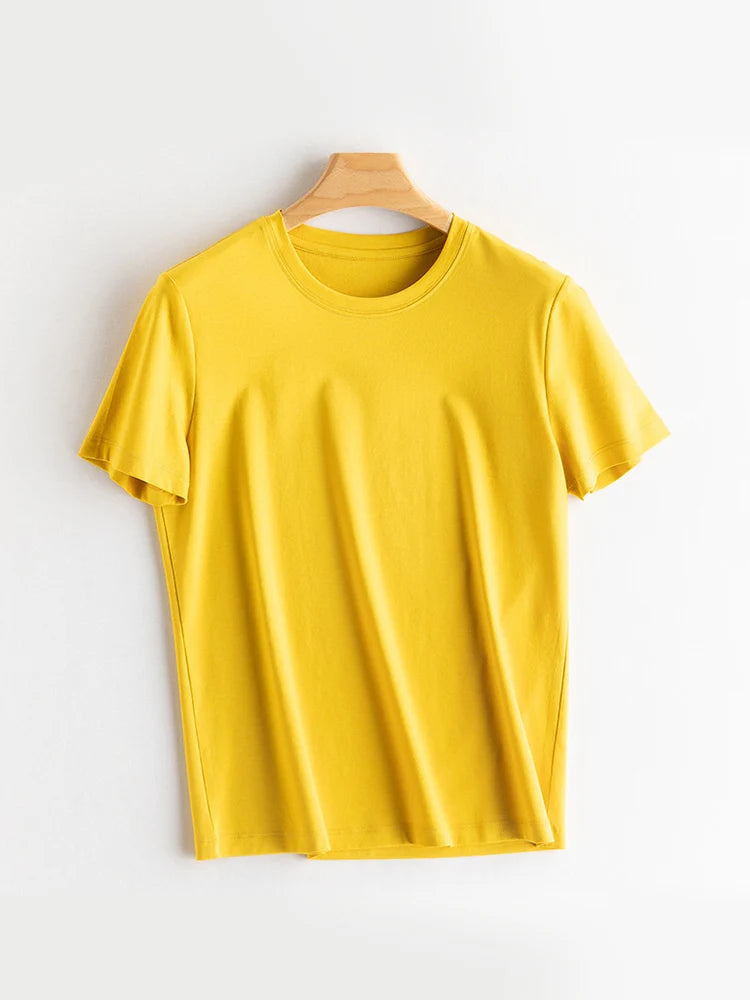 SuyaDream Women Solid T shirts, Silk Cotton Blend, O Neck, Short Sleeved Solid Tee,2026 Summer Candy Colors Basic Cozy Top Green