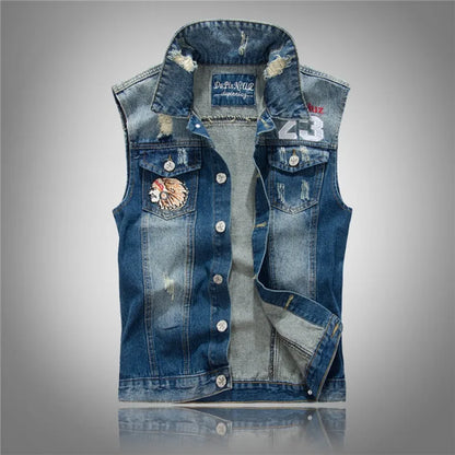 New Fashion Men Light Blue Holes Denim Vests Ripped Denim Sleeveless Jackets Waistcoats Male Cotton Slim Jeans Waistcoats 5XL
