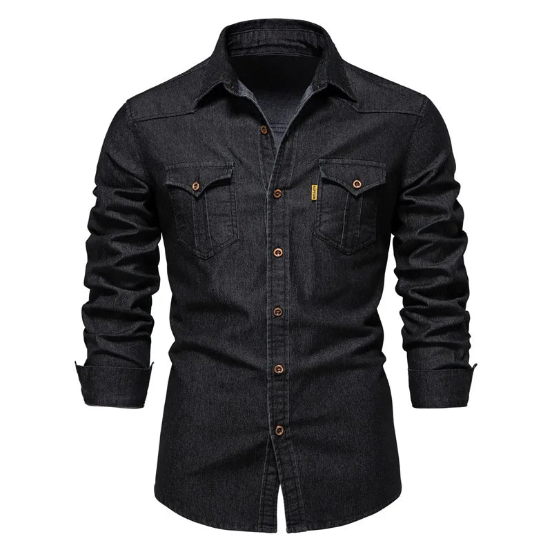2026 Cotton Denim Shirts Men Casual Long Sleeve Quality Cowboy Shirt Solid Color Slim Fit Elastic Navy Blue Black Clothes
