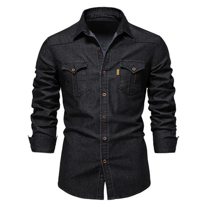 2026 Cotton Denim Shirts Men Casual Long Sleeve Quality Cowboy Shirt Solid Color Slim Fit Elastic Navy Blue Black Clothes