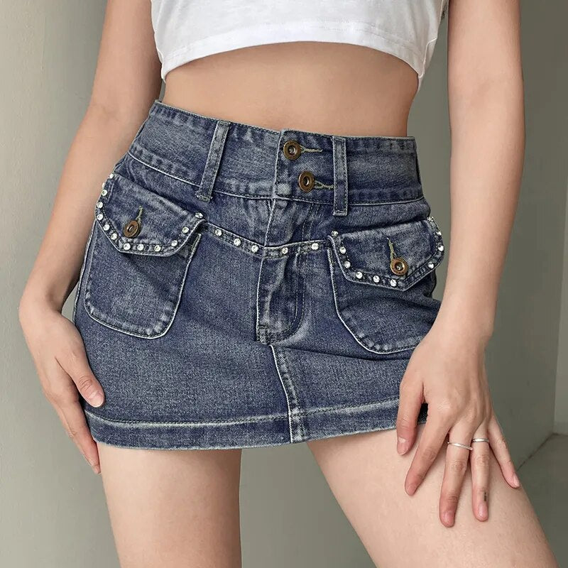 Faldas vaqueras Penceil de diamantes Vintage para mujer, falda vaquera ajustada de talle bajo, estética Y2K, ropa de calle para bebés