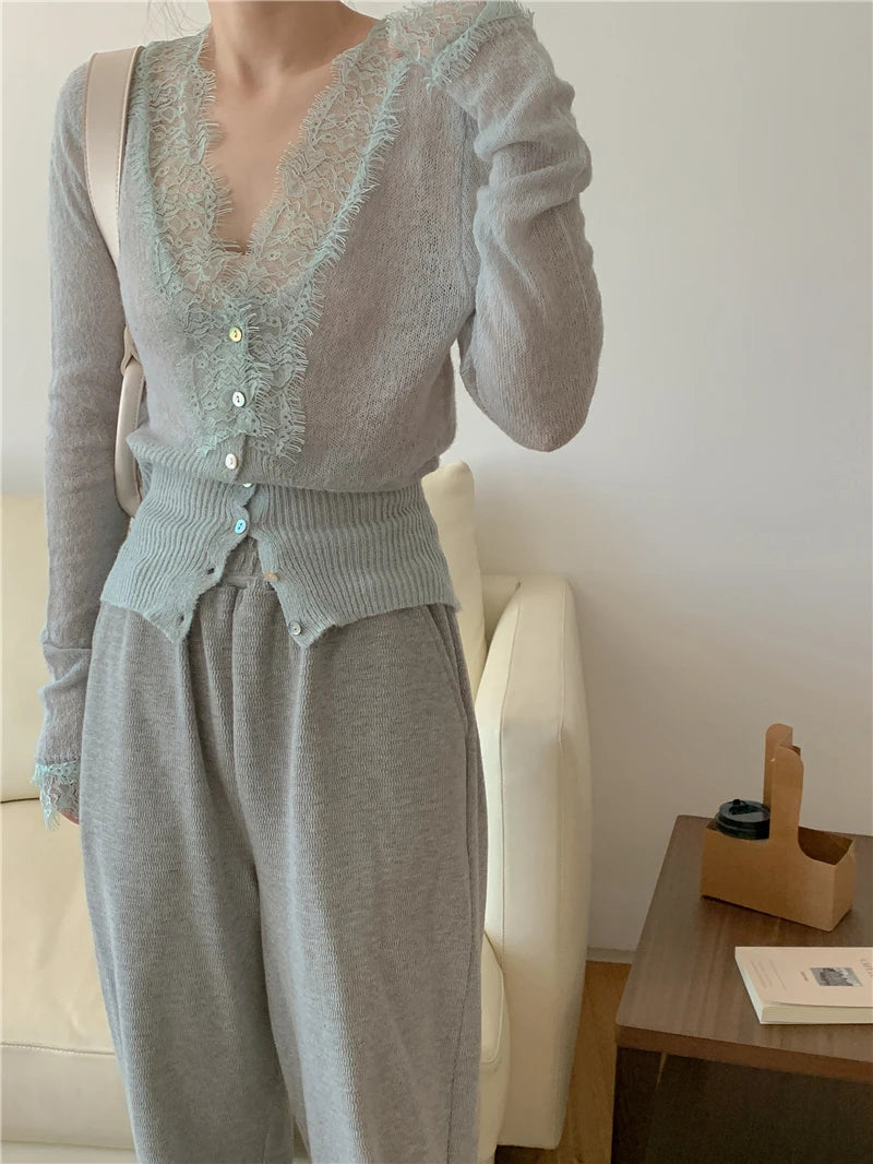 Seoulish Vintage Lace Knitted Cardigans for Women 2026 New Autumn Winter Solid Casual Slim Korean Style Ladies Tops Female