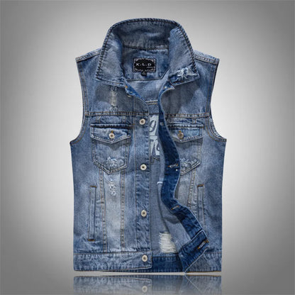Men Ripped Denim Waistcoats Vests Jackets Light Blue Holes Denim Coats Vests New Fashion Male Cotton Slim Jeans Waistcoats 5XL