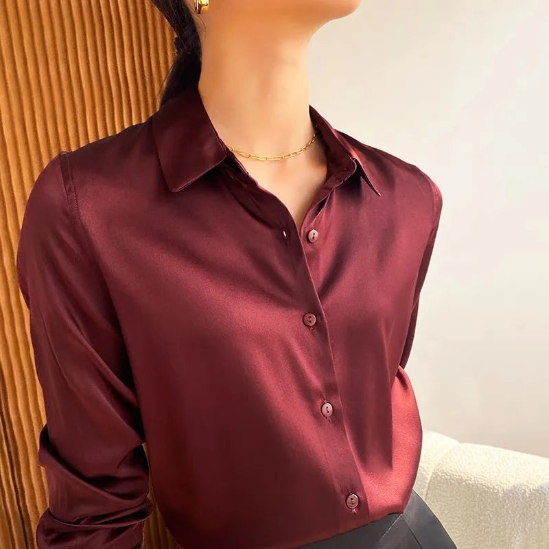 Spring Autumn Elegant Satin Women's Blouse 2026 New Long Sleeve Turn-down Collar Korean Casual Loose Office Lady Shirts Female