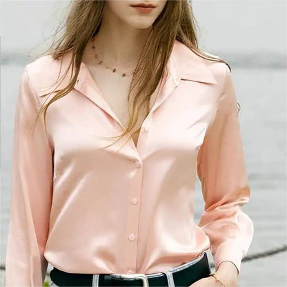 Spring Autumn Elegant Satin Women's Blouse 2026 New Long Sleeve Turn-down Collar Korean Casual Loose Office Lady Shirts Female