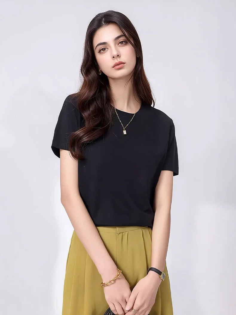 SuyaDream Women Solid T shirts, Silk Cotton Blend, O Neck, Short Sleeved Solid Tee,2026 Summer Candy Colors Basic Cozy Top Green
