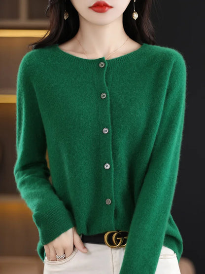 2026 New Chic Women's Basic O-neck Cardigan 100% Merino Wool Sweater Soft Grace Knitwear CoatSpring Autumn Female Clothes Tops