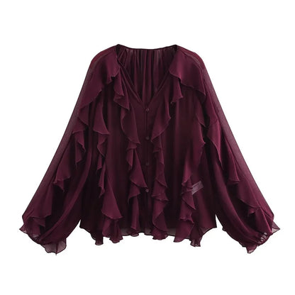 Ruffle Blouses for Women Semi Sheer Shirts and Blouses Woman Summer Casual Blouses Woman Fashion Tops Womens Blouses