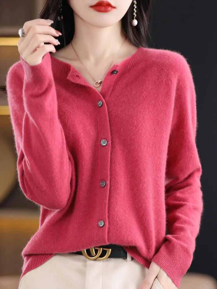 2026 New Chic Women's Basic O-neck Cardigan 100% Merino Wool Sweater Soft Grace Knitwear CoatSpring Autumn Female Clothes Tops