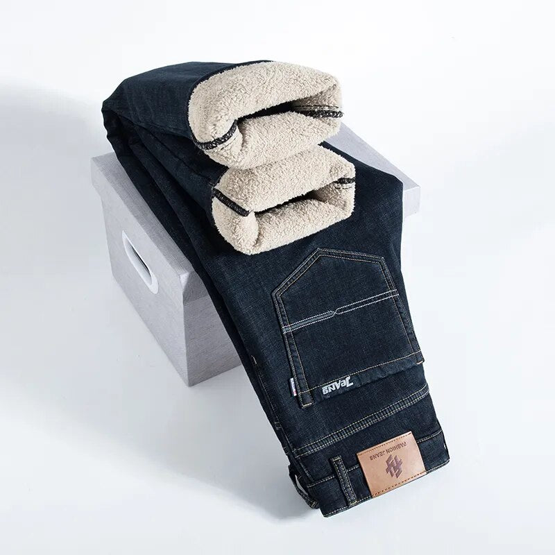 Pantalones vaqueros rectos con pelusa de cordero para hombre, Vaqueros gruesos de talla grande 40, Vaqueros elásticos de cintura alta con forro polar, Vaqueros ajustados cálidos para invierno