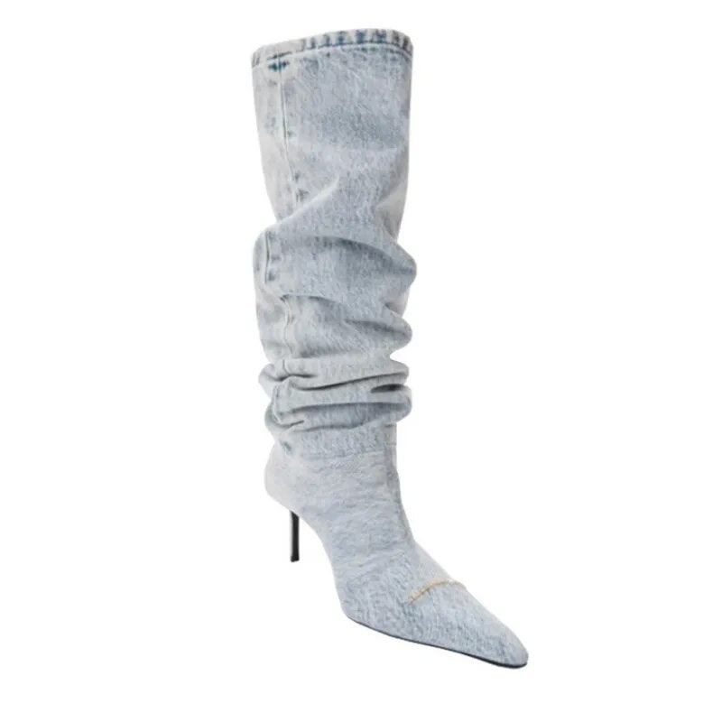 Botas vaqueras hasta la rodilla Chelsea para Mujer, zapatos de tacón de aguja con punta estrecha, estilo gladiador, para motocicleta, otoño e invierno, 2023