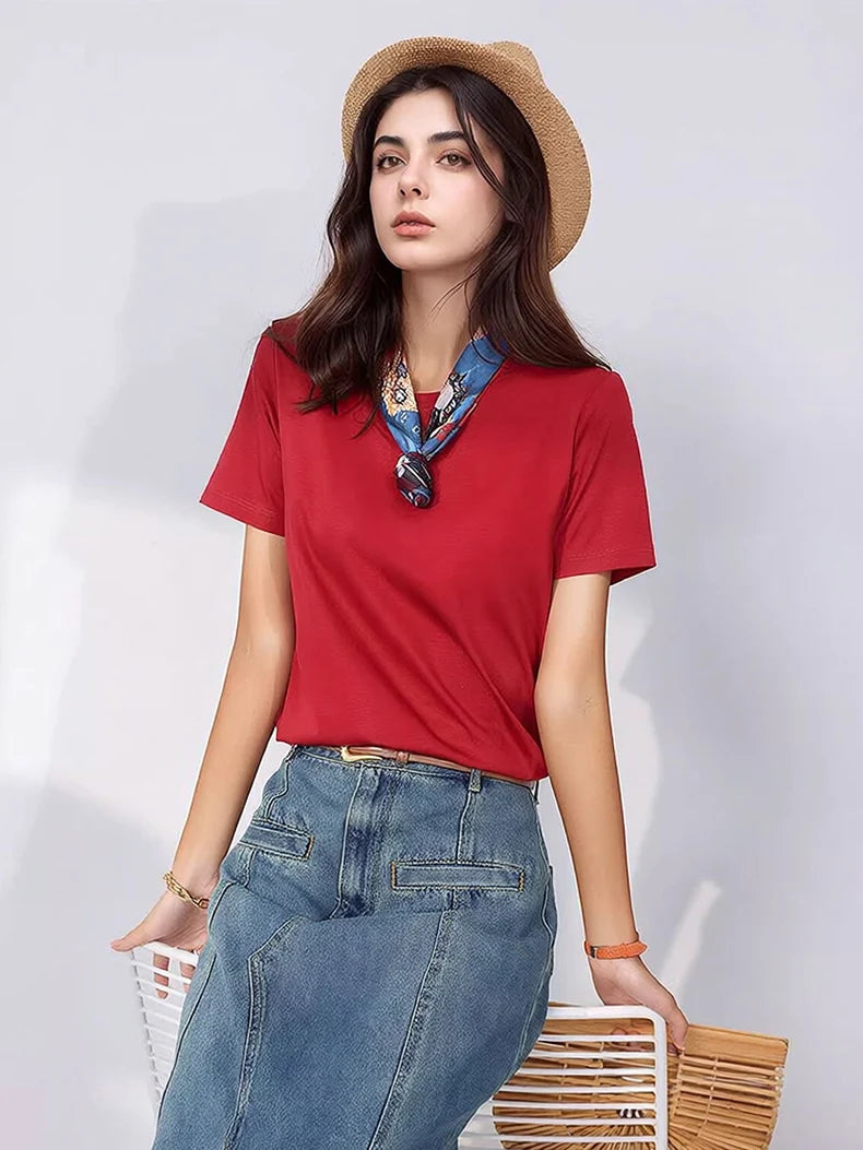 SuyaDream Women Solid T shirts, Silk Cotton Blend, O Neck, Short Sleeved Solid Tee,2026 Summer Candy Colors Basic Cozy Top Green
