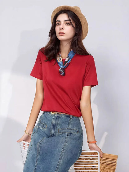 SuyaDream Women Solid T shirts, Silk Cotton Blend, O Neck, Short Sleeved Solid Tee,2026 Summer Candy Colors Basic Cozy Top Green