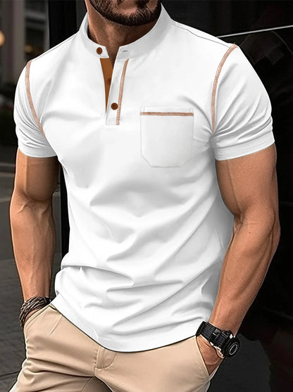 Summer New Men Henry collar short sleeve golf POLO shirt personality pocket style casual breathable sports street fashion top