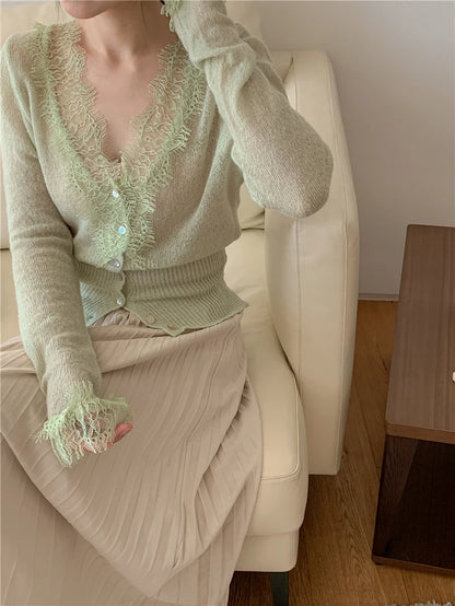 Seoulish Vintage Lace Knitted Cardigans for Women 2026 New Autumn Winter Solid Casual Slim Korean Style Ladies Tops Female