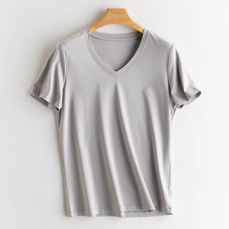 SuyaDream Women Solid T shirts, Silk Cotton Blend, O Neck, Short Sleeved Solid Tee,2026 Summer Candy Colors Basic Cozy Top Green