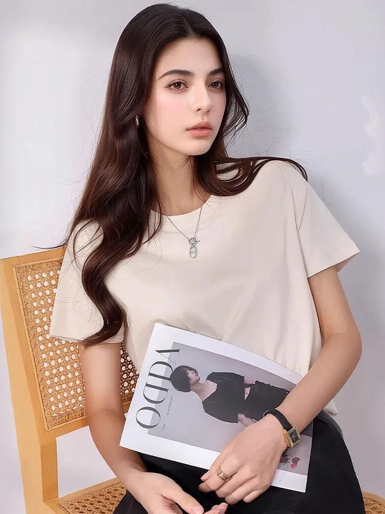 SuyaDream Women Solid T shirts, Silk Cotton Blend, O Neck, Short Sleeved Solid Tee,2026 Summer Candy Colors Basic Cozy Top Green
