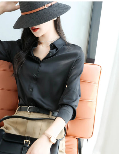 Spring Autumn Elegant Satin Women's Blouse 2026 New Long Sleeve Turn-down Collar Korean Casual Loose Office Lady Shirts Female
