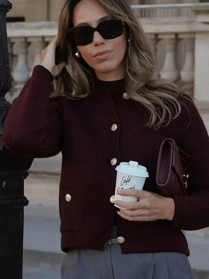 Women's Winter Slim Short Knitted Cardigan Jacket Retro Round Neck Gold Breasted Decoration Elegant Women's Casual Jacket