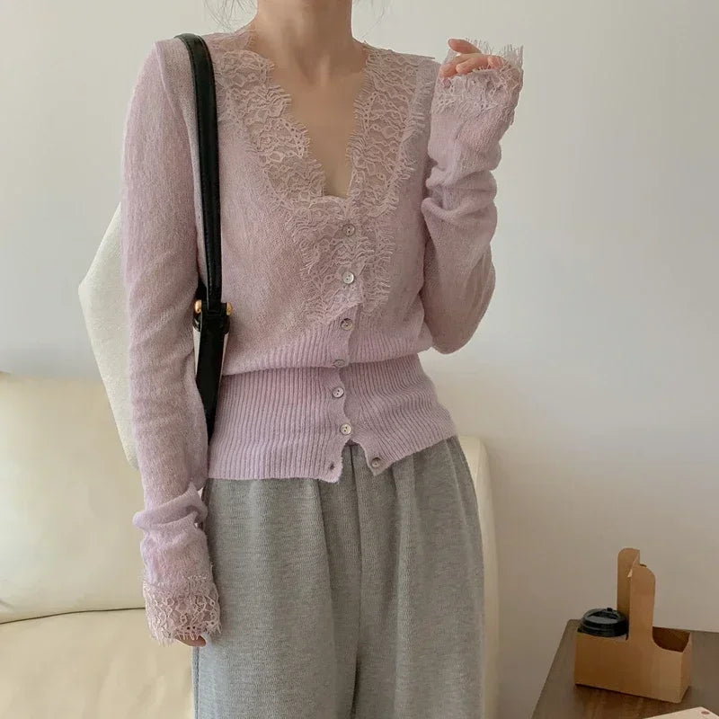 Seoulish Vintage Lace Knitted Cardigans for Women 2026 New Autumn Winter Solid Casual Slim Korean Style Ladies Tops Female