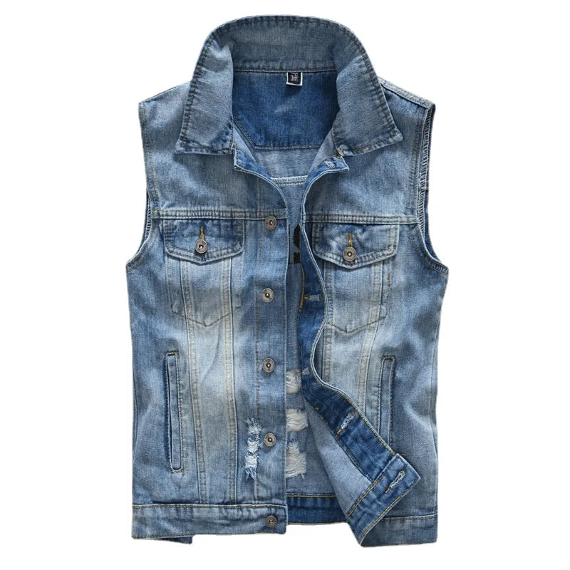 Men Ripped Denim Waistcoats Vests Jackets Light Blue Holes Denim Coats Vests New Fashion Male Cotton Slim Jeans Waistcoats 5XL
