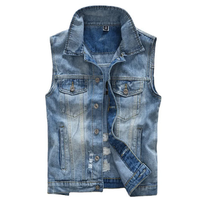 Men Ripped Denim Waistcoats Vests Jackets Light Blue Holes Denim Coats Vests New Fashion Male Cotton Slim Jeans Waistcoats 5XL