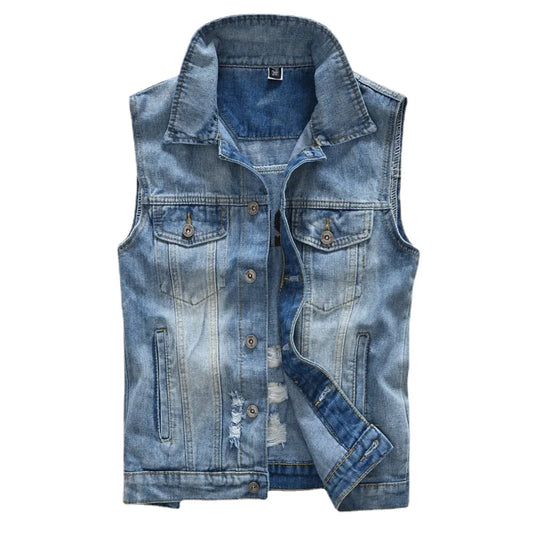 Men Ripped Denim Waistcoats Vests Jackets Light Blue Holes Denim Coats Vests New Fashion Male Cotton Slim Jeans Waistcoats 5XL