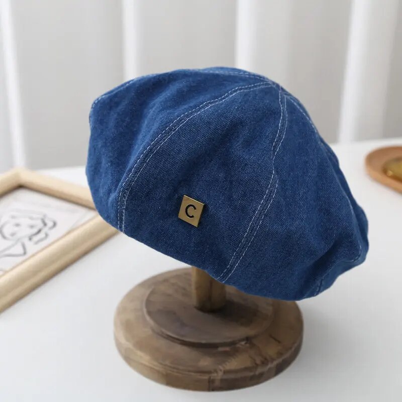 Boinas de mezclilla sombrero Retro Casual primavera y verano sombra pintor gorra alfabeto coreano boina azul sombreros de mujer