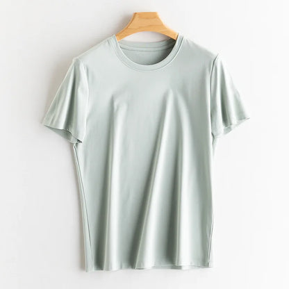 SuyaDream Women Solid T shirts, Silk Cotton Blend, O Neck, Short Sleeved Solid Tee,2026 Summer Candy Colors Basic Cozy Top Green