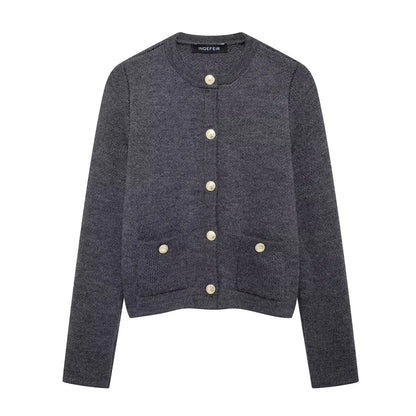Women's Winter Slim Short Knitted Cardigan Jacket Retro Round Neck Gold Breasted Decoration Elegant Women's Casual Jacket