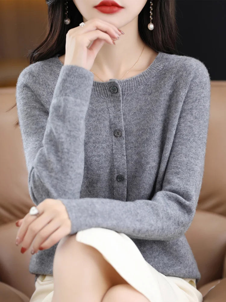 2026 New Chic Women's Basic O-neck Cardigan 100% Merino Wool Sweater Soft Grace Knitwear CoatSpring Autumn Female Clothes Tops