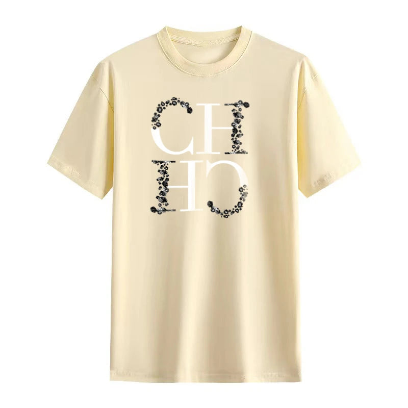 CH Letter Printed Fashionable Black T-shirt Trendy Streetwear Fashionable Men's and Women's Casual Loose Short Sleeved Top